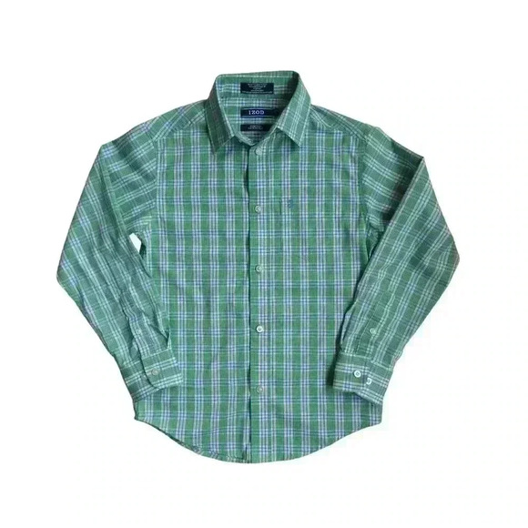 Izod Boys Green and Blue Plaid Long Sleeve Button-up - Size 8 - Picture 1 of 3